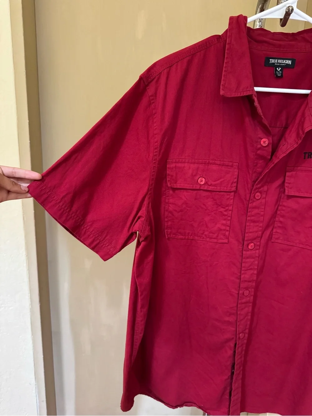 True Religion Men’s Red Button Up Shirt Embroidered Logo Utility XL